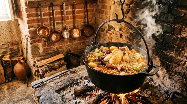 Traditional Portuguese stew simmering in cast iron cauldron over rustic stone hearth fire