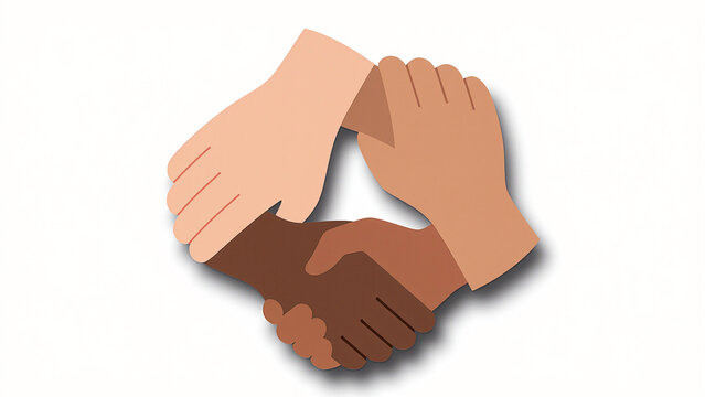 Flat illustration of three diverse hands forming triangle shape symbolizing unity and partnership, isolated on white background