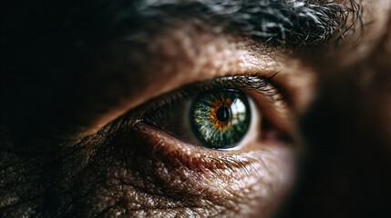Macro eye closeup human iris detail blue green eye male face wrinkled skin texture dramatic shadow emotional gaze pupil reflection eyebrow hair low key lighting macro eye closeup human iris detail © Mrammon