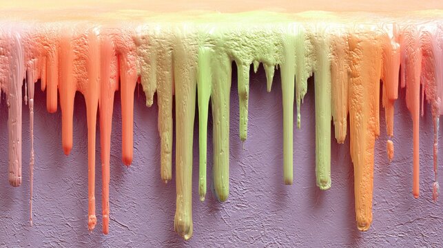Vibrant, thick, colorful substances slowly drip downward over a textured background surface.
