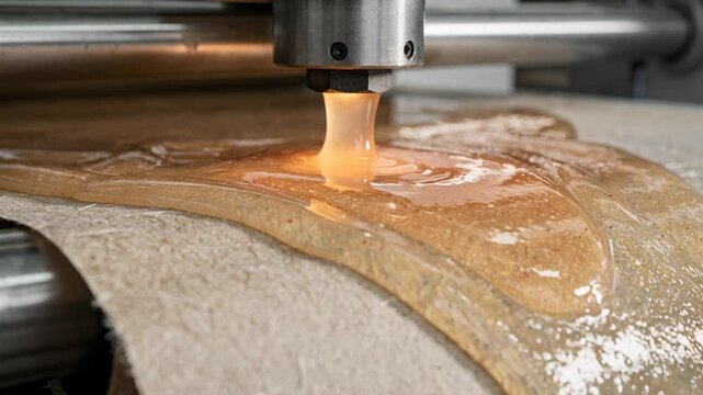 Detailed medium shot capturing molten matte biofilm being extruded and laminated onto paper substrate emphasizing texture and ecofriendly barrier properties.