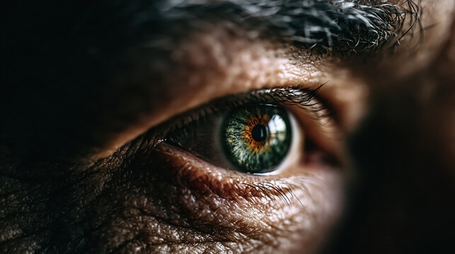 Macro eye closeup human iris detail blue green eye male face wrinkled skin texture dramatic shadow emotional gaze pupil reflection eyebrow hair low key lighting macro eye closeup human iris detail