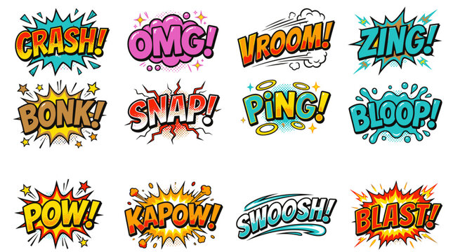 Vibrant comic book sound effect bubbles with pop text.