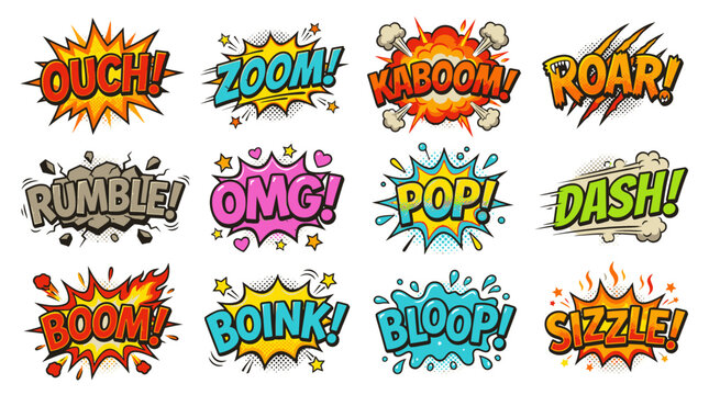 Vibrant comic book action sounds and speech bubble set.