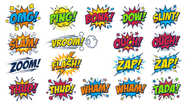 Vibrant comic book action sound words and bubbles.