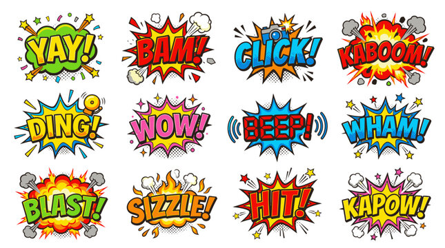 Vibrant comic book action words and explosion bubbles.