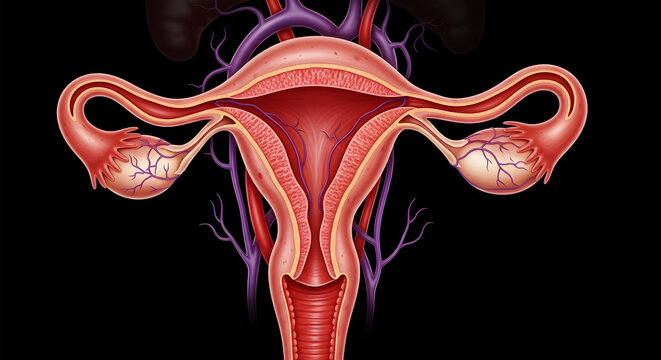 Human female reproductive system anatomy uterus ovaries fallopian tubes detailed illustration