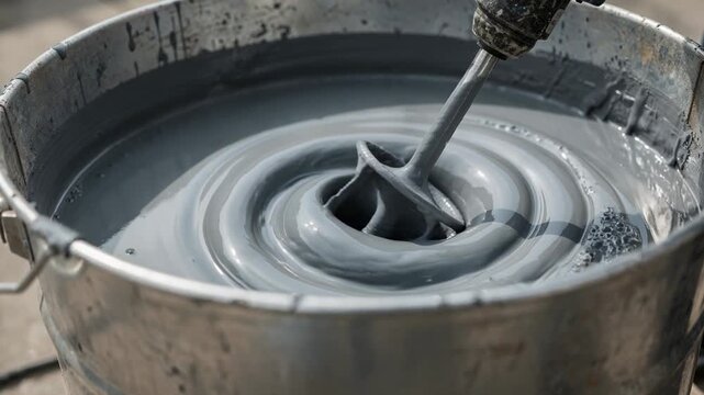 Closeup medium shot of gray elastomeric roof coating being mixed with a drill mixer focusing on the uniform blending of flexible liquid membrane for durable roof protection.