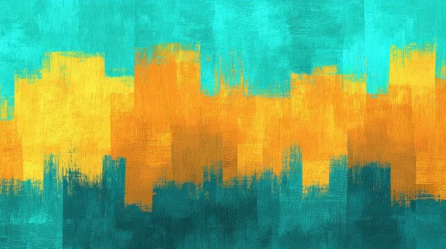 Bold abstract vertical brushstrokes create a textured cityscape silhouette in vibrant contrasting colors