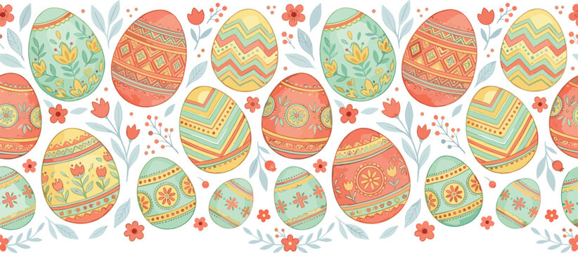 Easter Egg Seamless Border Pattern with Decorated Spring Eggs and Ornamental Flowers for Festive Holiday Card and Packaging Designs