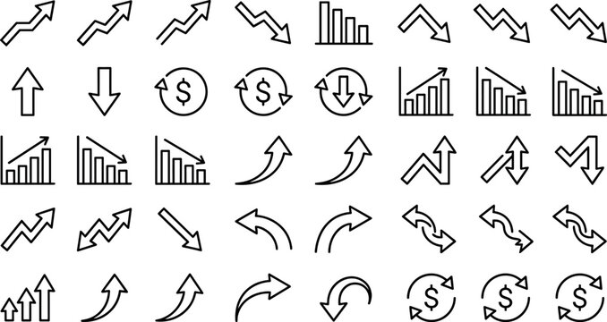 Financial Growth and Market Trend Arrow Line Icon Set with Bar Charts and Currency Exchange Symbols for Business Infographics