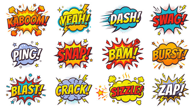 Vibrant comic book sound stickers including Kaboom and Yeah.