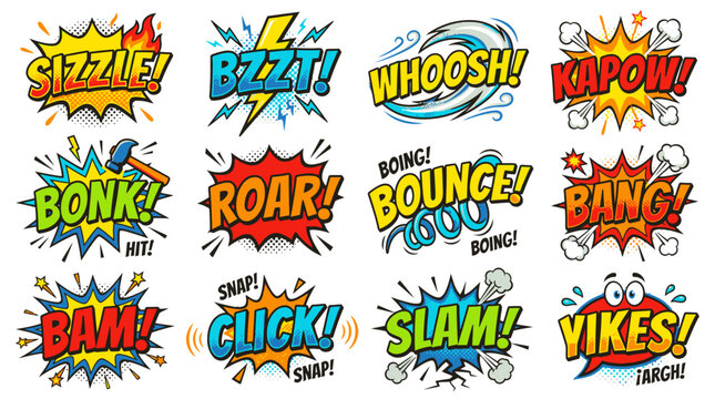 Vibrant comic book sound words and speech bubble set.