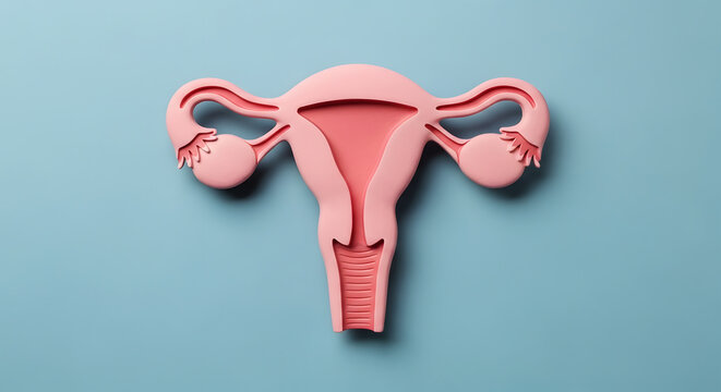 Pink uterus and fallopian tubes anatomical model on blue background anatomy female