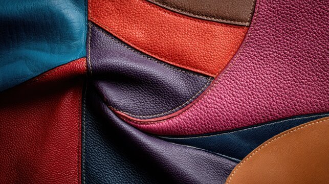 Colorful stitched leather panels form a rich, textured background design.