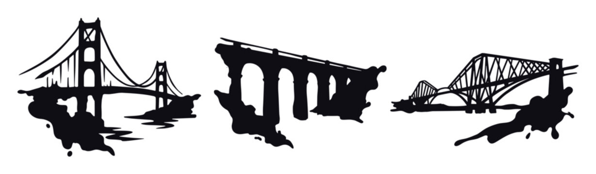 Set of three hand drawn black silhouette bridges isolated on transparent