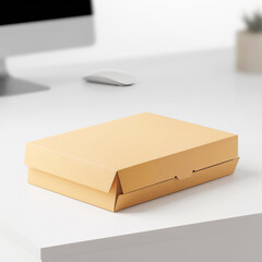 Naklejka premium Cardboard shipping box on clean office desk