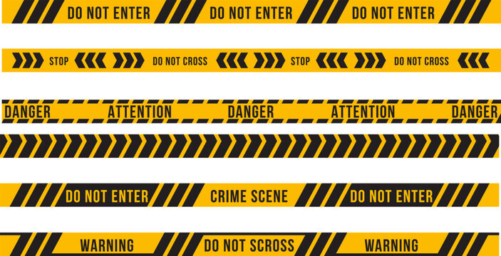 Caution tape, crime scene tape, warning stripes, yellow black hazard ribbons, 10 tape designs