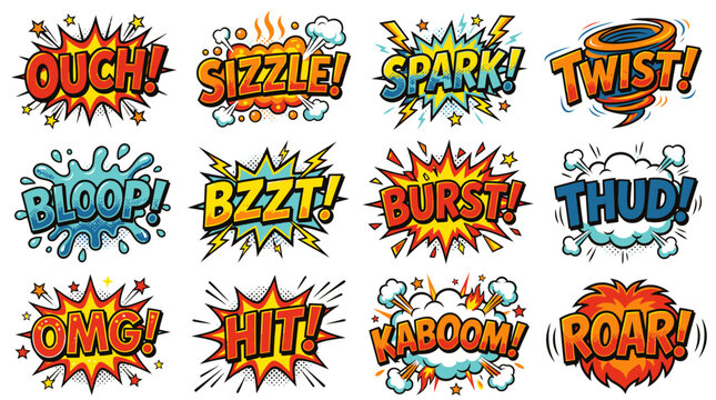 Vibrant comic onomatopoeia text bubbles for action scenes.