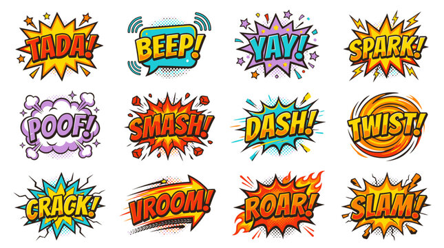 Vibrant comic roar and twist onomatopoeia sound effects.