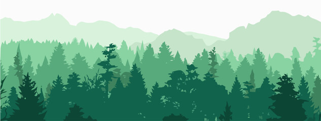 Minimalist vector illustration of a lush coniferous forest and distant mountain range in shades of green © Arslan