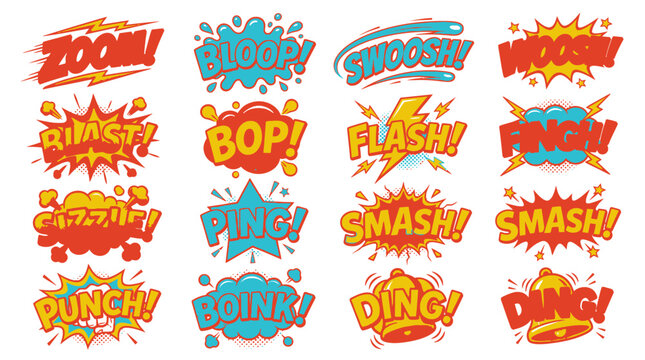 Vibrant comic sound effects and speech bubbles set.