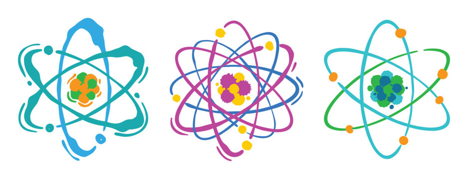 Three colorful atoms with electrons orbiting nucleus vector isolated