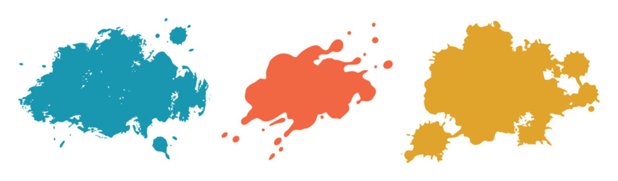 Three ink paint splatter blobs in blue orange and yellow colors