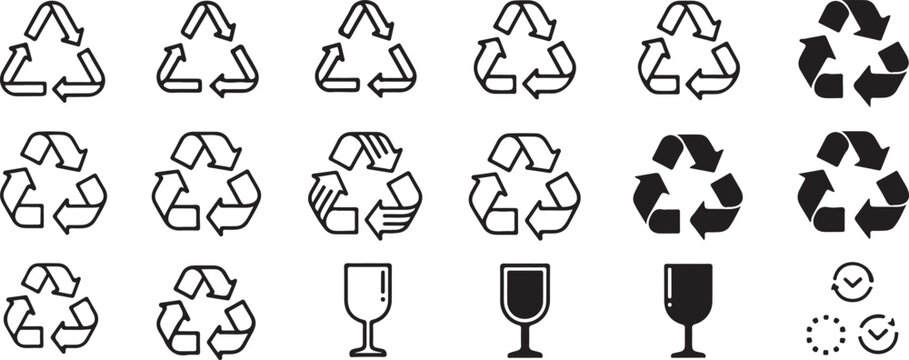 Recycle symbol vector icon set packaging fragile glass handle with care ecological waste management concept