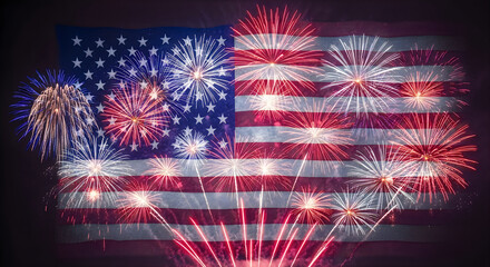 Fototapeta premium Vibrant fireworks explode against american flag backdrop on 4th of july celebration