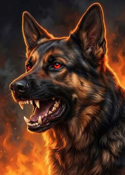 Shepherd	Angry German Shepherd Dog Showing Teeth in Flames with Glowing Eyes