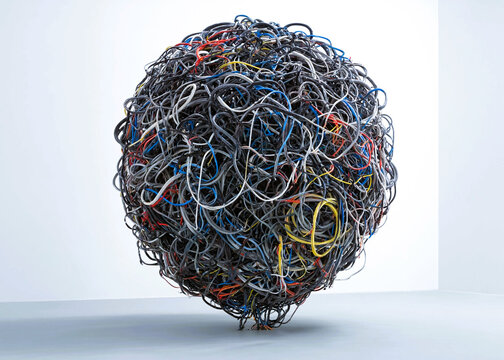 A large spherical sculpture made of tangled colorful electrical wires