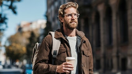 Obraz premium Handsome male with a beard and glasses walking down a paved city street during fall, wearing a brown jacket and carrying a backpack while holding a coffee cup under bright natural