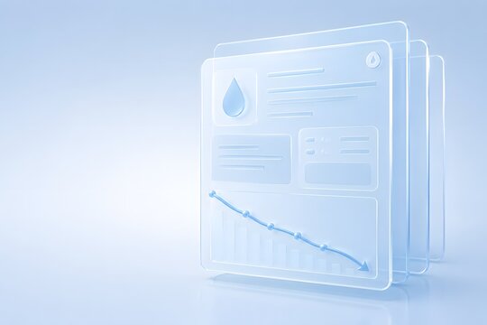 Transparent glass dashboard displaying data with a downward blue arrow and a water drop icon
