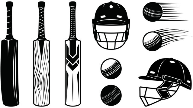 Cricket Equipment Icon Set Vector Bat Ball Helmet Silhouette Black White Sports Illustration Collection