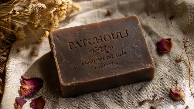 Dark brown patchouli soap bar on rough linen with dried flowers, rustic texture.