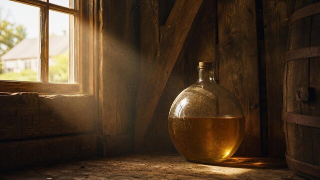 Sunlight through a barn window illuminating a glass demijohn with amber liquid.