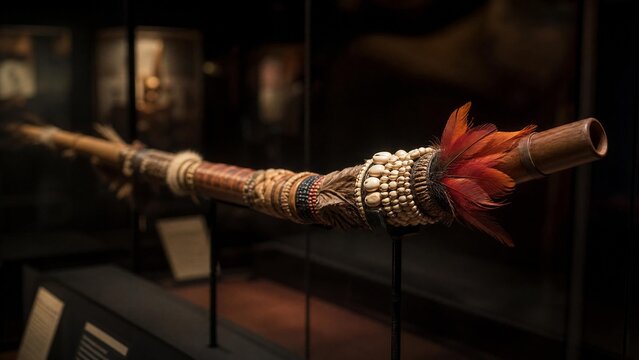 An ornate ceremonial blowpipe displayed in a museum case.