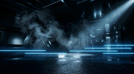Naklejka premium 3D rendered Futuristic Cyberpunk Technology Background with Neon Blue Lights illuminating wet asphalt floor, Dark Sci Fi Corridor, Smoke, Reflection and Abstract Digital Stage