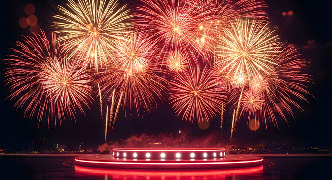 Vibrant fireworks display over waterfront stage at night