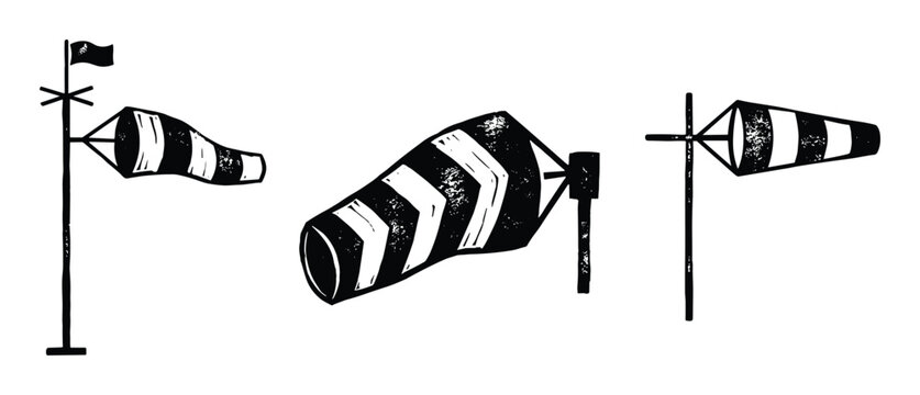 Three black ink windsock icons displayed on white transparent field