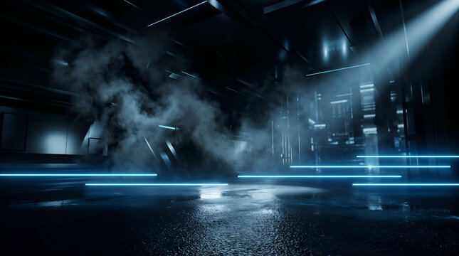 3D rendered Futuristic Cyberpunk Technology Background with Neon Blue Lights illuminating wet asphalt floor, Dark Sci Fi Corridor, Smoke, Reflection and Abstract Digital Stage