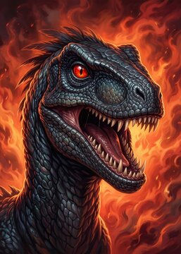 Evil Black Raptor Dinosaur Portrait against Burning Background