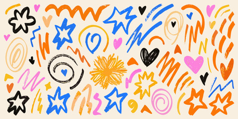 Obraz premium Multicolor Doodle Collection Vector Illustration With Hearts Stars And Spirals