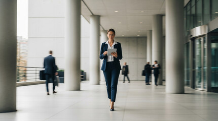 Fototapeta premium Confident businesswoman walking through a blurred corporate lobby with a tablet, representing agile management and dynamic leadership.