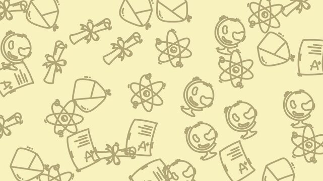Doodles of atom symbols, globes, diplomas, envelopes, report cards, school supplies, and educational icons. Perfect for educational materials and designs.