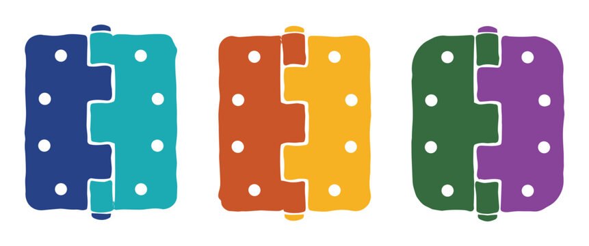 Three different colored metal door hinges with screws vector illustration