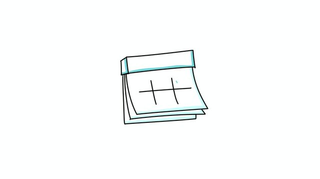 Animated doodle calendar icon with teal accent and checkmark on white background, 4K landscape, cartoon style loop animation for planning, schedule and business productivity content.