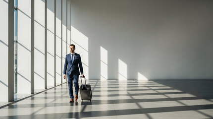 Fototapeta premium Businessman walking with luggage in a modern airport terminal representing global executive travel and international career mobility.