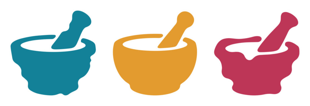 Collection of three colorful mortar and pestle tools for cooking